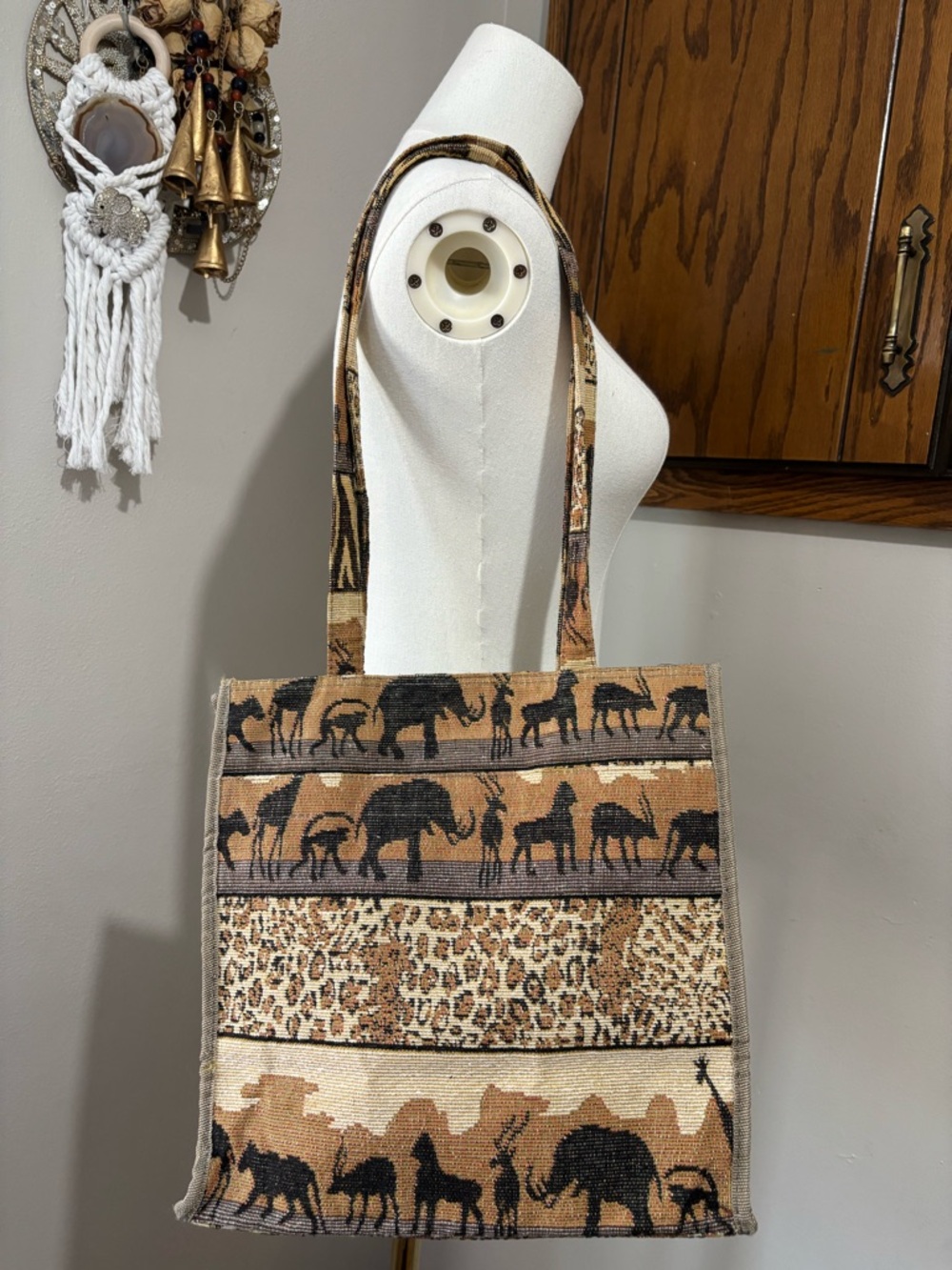 Jade Safari Shoulder Tote in Tan & Brown African Print Elephants Leopard Zebra
